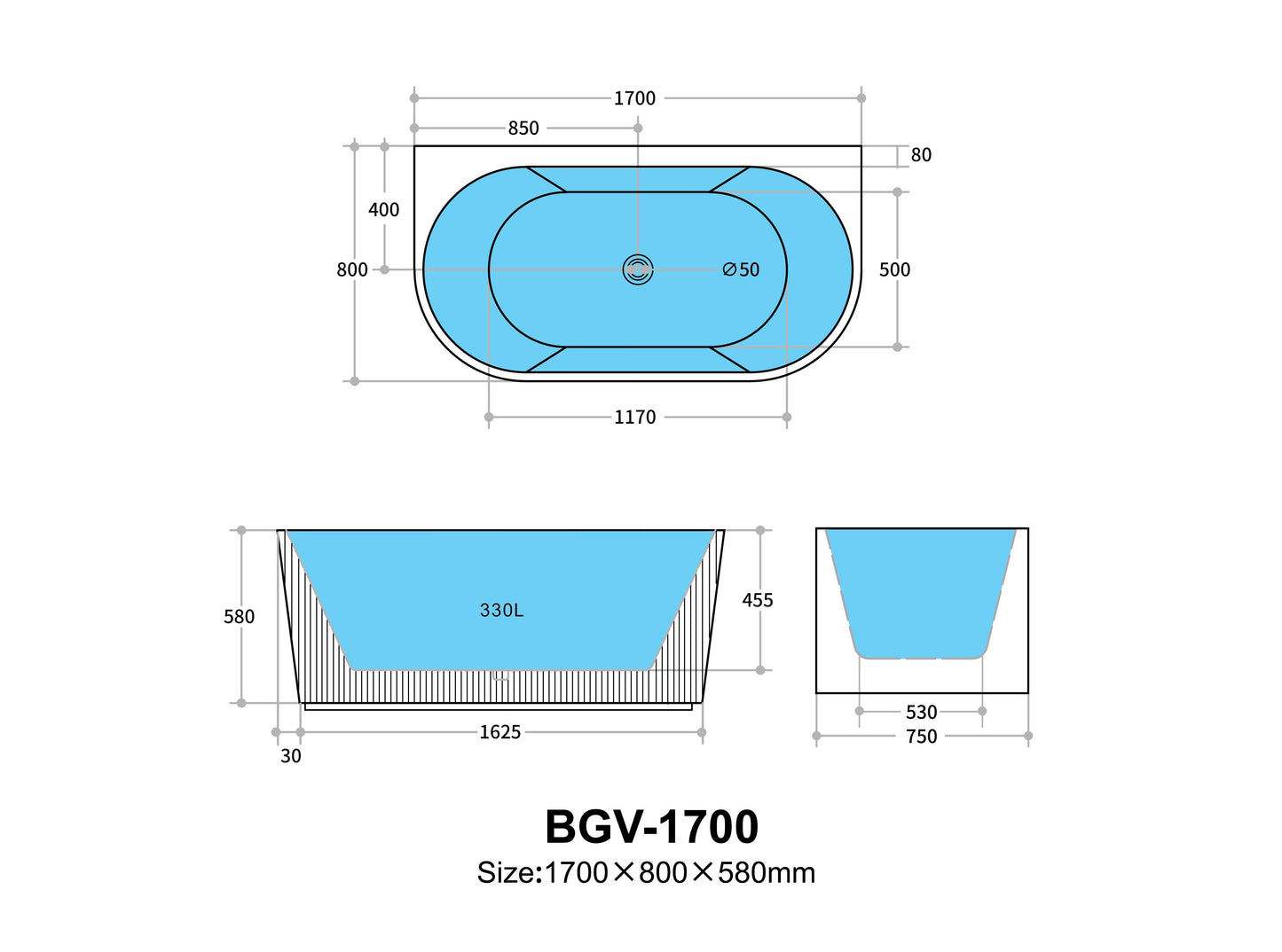 1700mm X800 X 580mm Oval Acrylic Bathtub Freestanding Bari BGV-1700