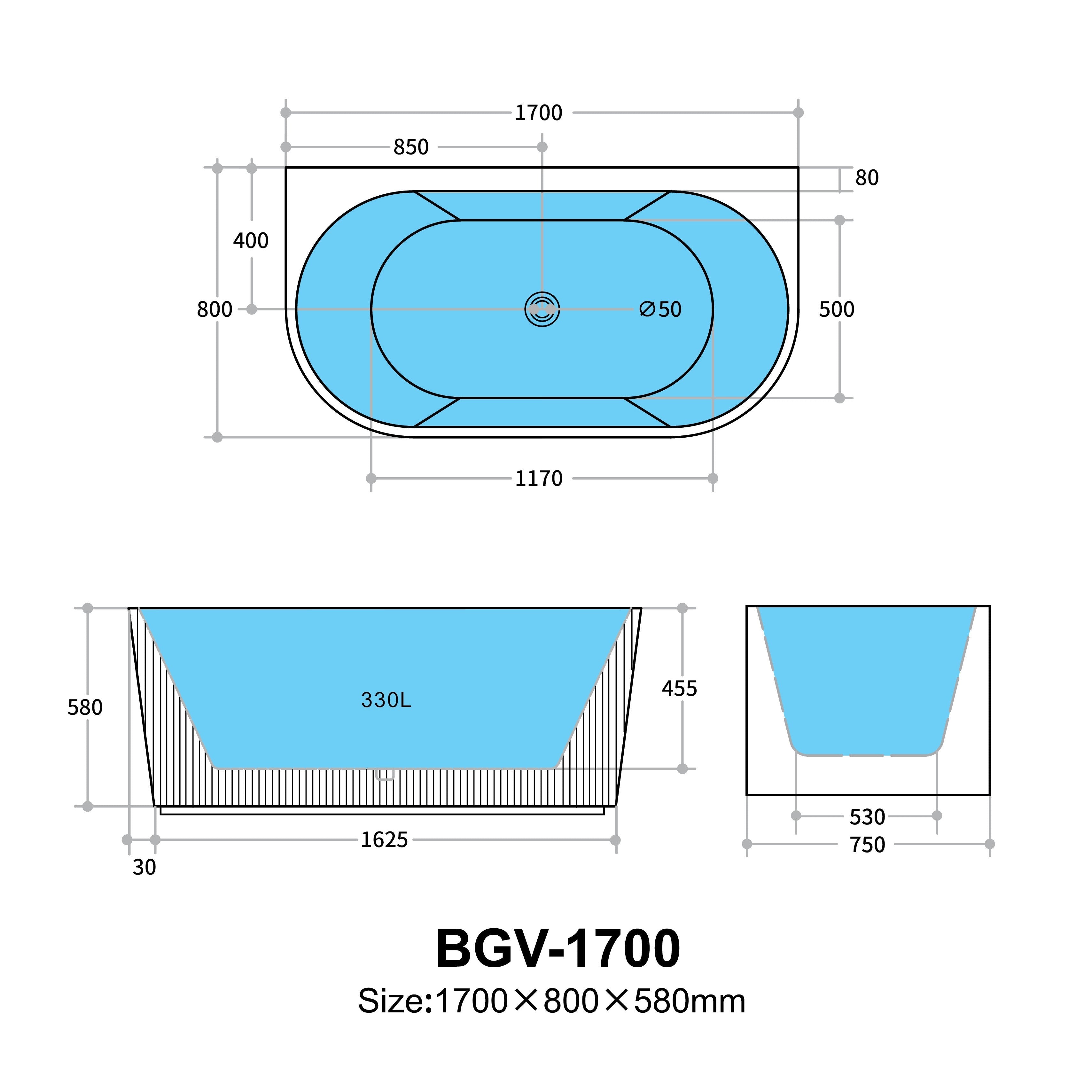 Rovena Groove Oval Bathtub 1700*800*580mm