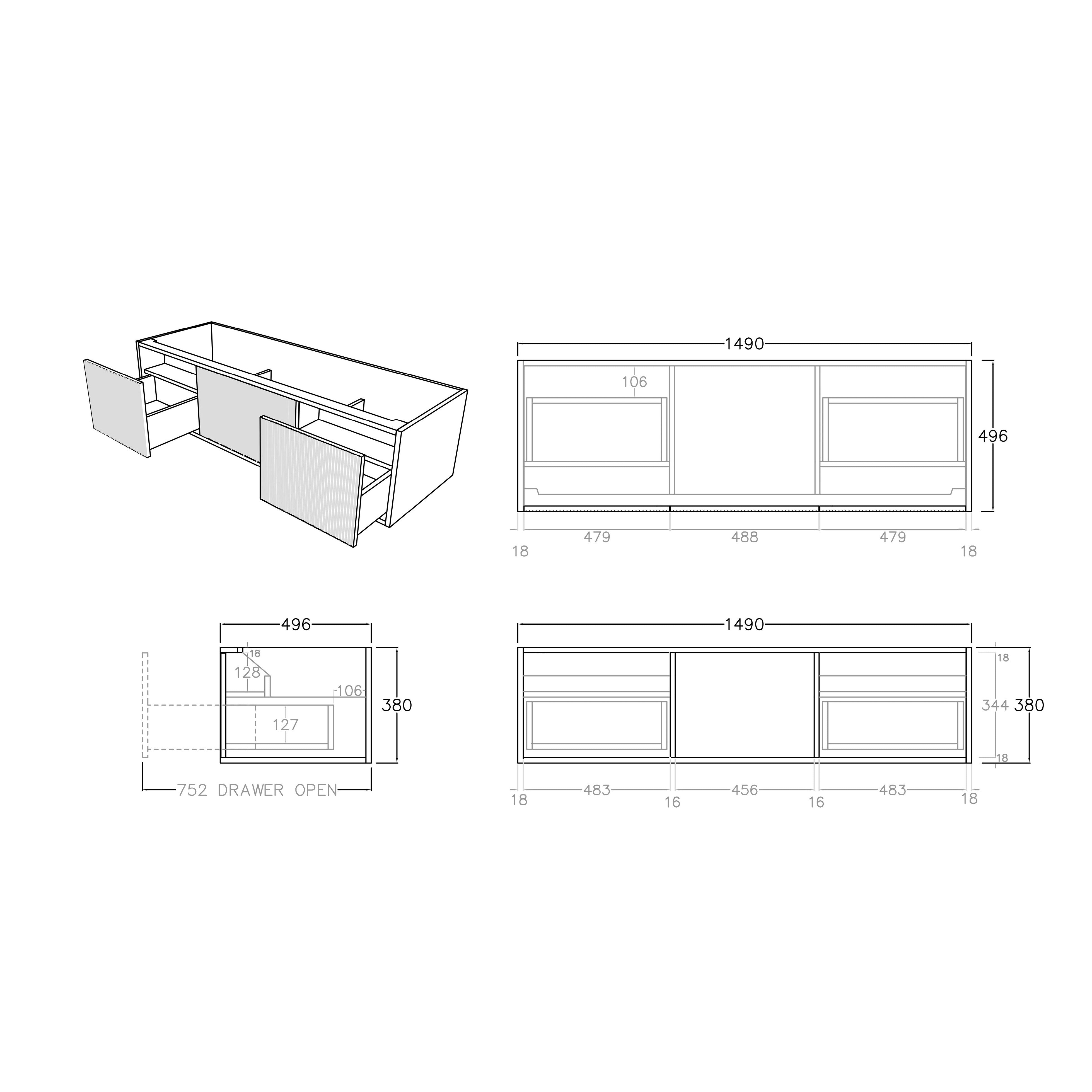 Bellevue Standard Wall Hung Vanity 1490*496*380mm Coastal Oak