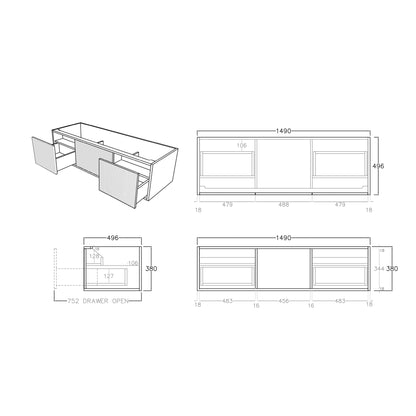 Bellevue Standard Wall Hung Vanity 1490*496*380mm Coastal Oak