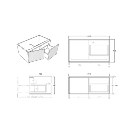 Bellevue Standard Wall-Mounted  Vanity 890*496*380mm Coastal Oak