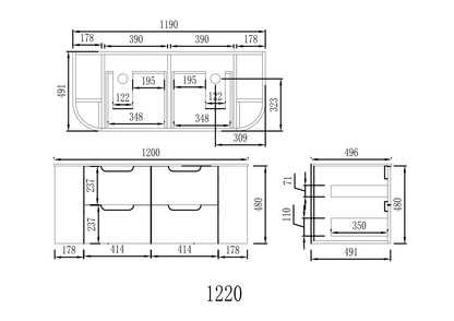 VITO CALVO Fluted  Wall-Hung Curved Cabinet with Soft Closing Drawers 1200/1500mm CAL1200W/1220/1500/1550-CO