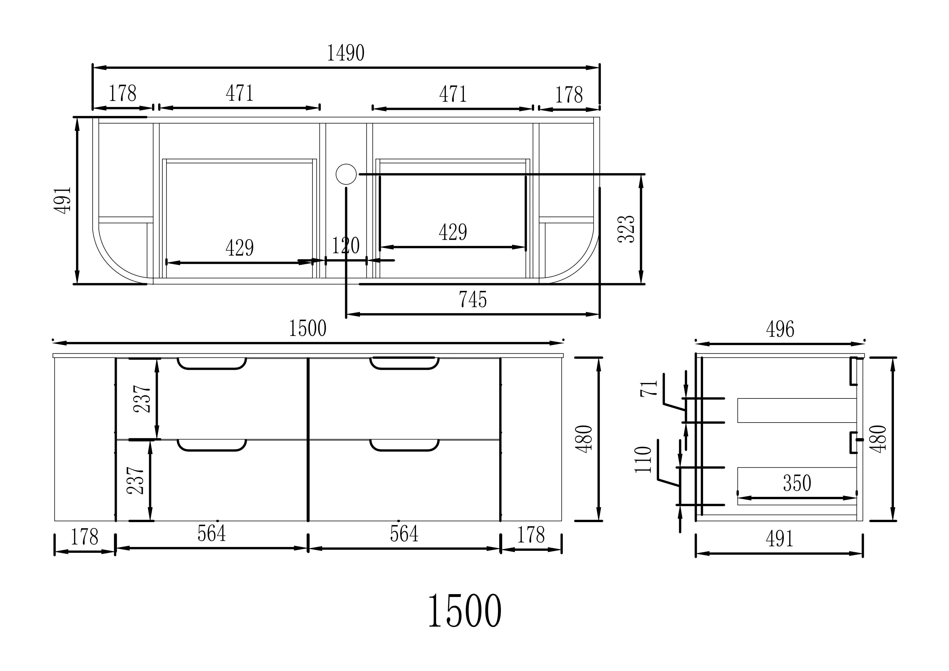 VITO CALVO Fluted  Wall-Hung Curved Cabinet with Soft Closing Drawers 1200/1500mm CAL1200W/1220/1500/1550-CO