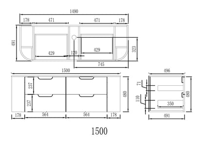VITO CALVO Fluted  Wall-Hung Curved Cabinet with Soft Closing Drawers 1200/1500mm CAL1200W/1220/1500/1550-CO