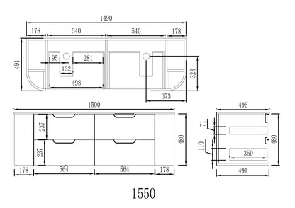 VITO CALVO Fluted  Wall-Hung Curved Cabinet with Soft Closing Drawers 1200/1500mm CAL1200W/1220/1500/1550-CO