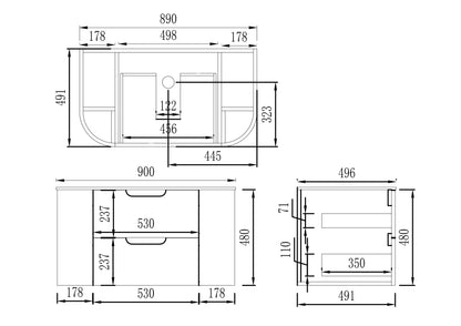 VITO CALVO Fluted  Wall-Hung Curved Cabinet with Soft Closing Drawers 750/900 CAL750W-CO/CAL900W-CO