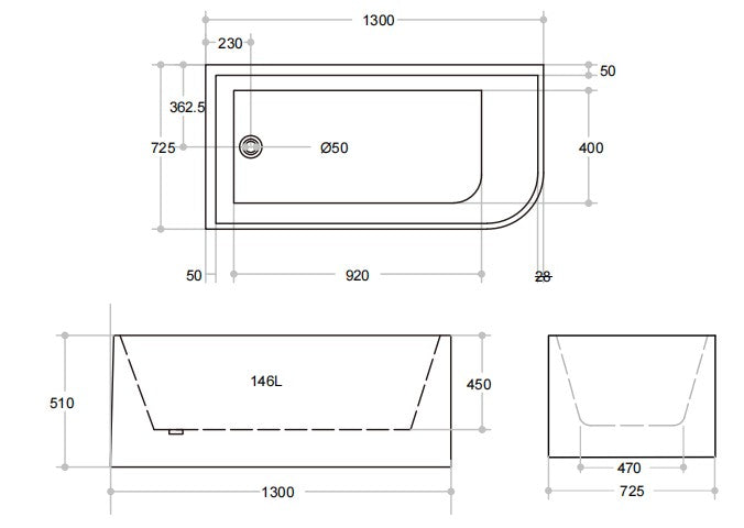 Madria Left Corner Bath 1300-1700mm