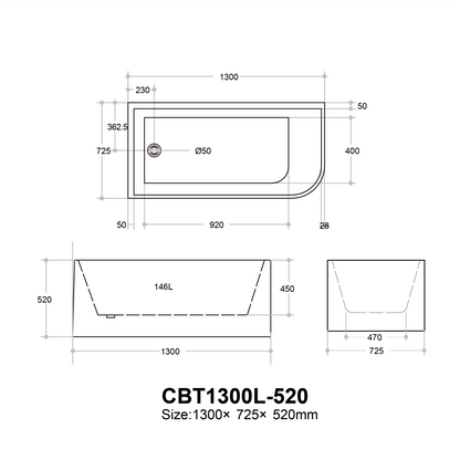 Casey Left/Right Corner Bath - Gloss White, Non-Overflow, Multiple Sizes(Height 520mm)