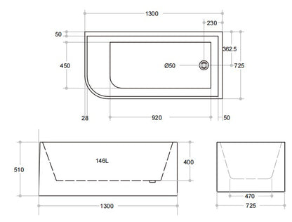 Madria Right Corner Bath 1300-1700mm