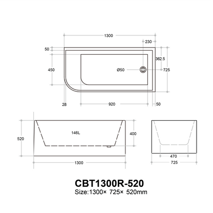 Casey Left/Right Corner Bath - Gloss White, Non-Overflow, Multiple Sizes(Height 520mm)