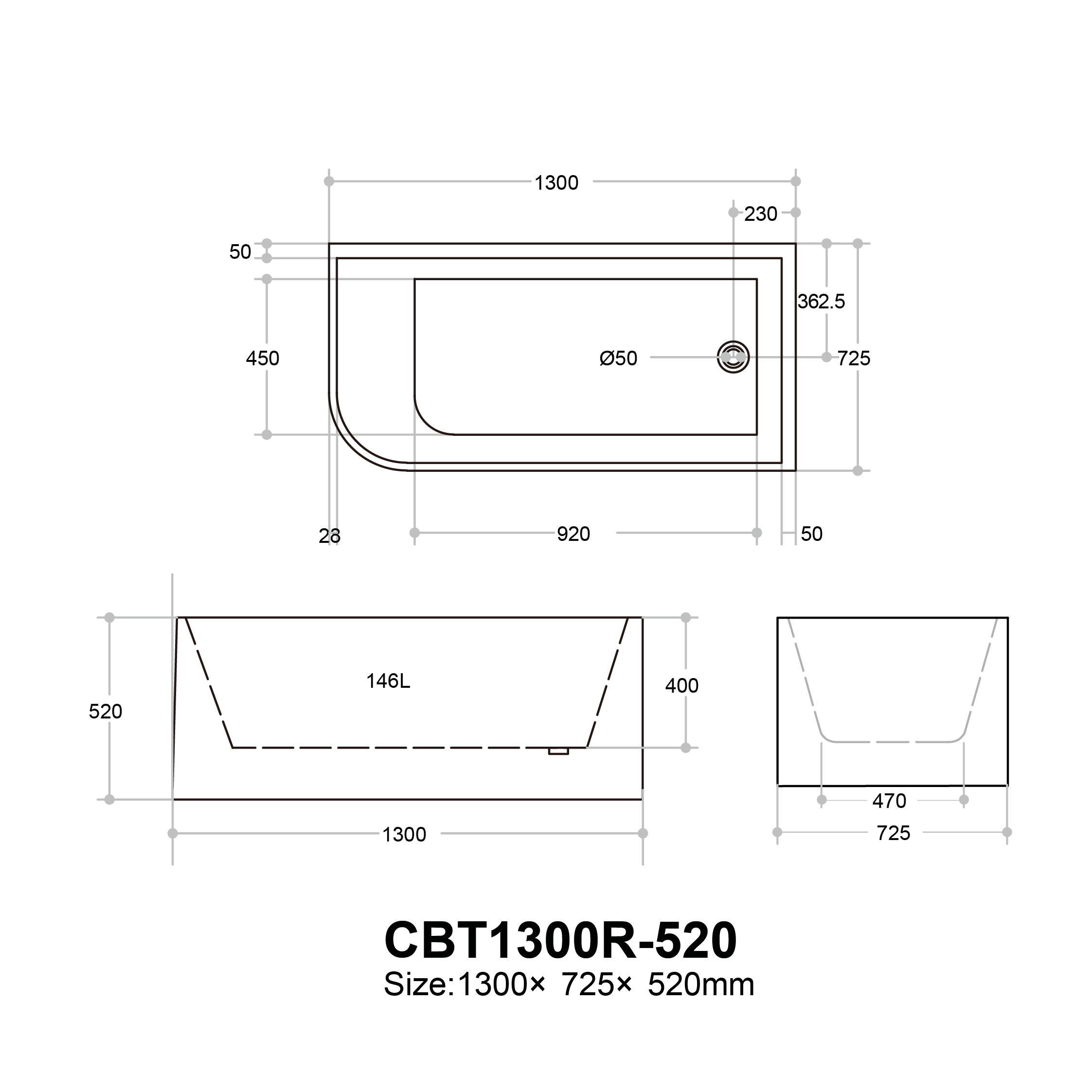 Casey Left/Right Corner Bath - Gloss White, Non-Overflow, Multiple Sizes(Height 520mm)