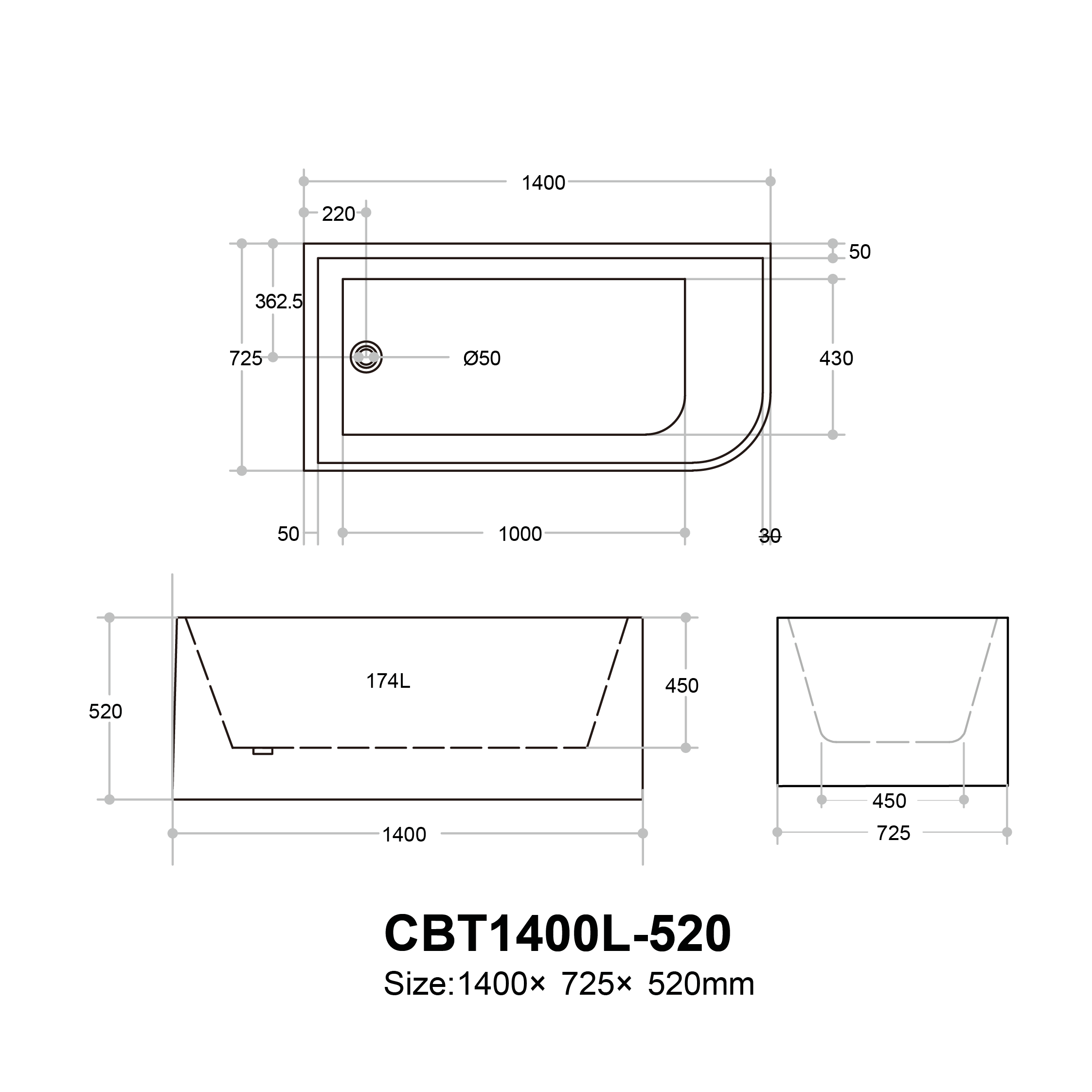 Casey Left/Right Corner Bath - Gloss White, Non-Overflow, Multiple Sizes(Height 520mm)