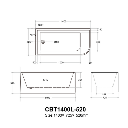 Casey Left/Right Corner Bath - Gloss White, Non-Overflow, Multiple Sizes(Height 520mm)