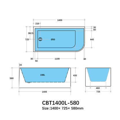 Casey Left Corner Bath 1300-1700mm(Height 510mm/580mm)