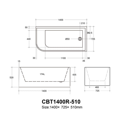 Casey Right Corner Bath 1300-1700mm(Height 510mm/580mm)