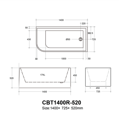 Casey Left/Right Corner Bath - Gloss White, Non-Overflow, Multiple Sizes(Height 520mm)