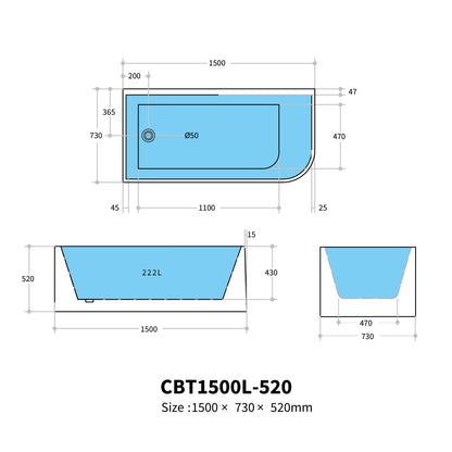 Casey Left/Right Corner Bath - Gloss White, Non-Overflow, Multiple Sizes(Height 520mm)