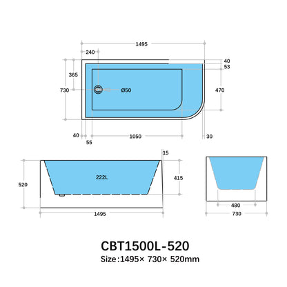 Casey Left/Right Corner Bath - Gloss White, Non-Overflow, Multiple Sizes(Height 520mm)