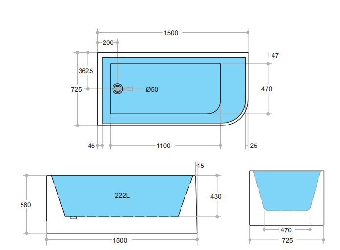 Casey Right Corner Bath 1300-1700mm(Height 510mm/580mm)