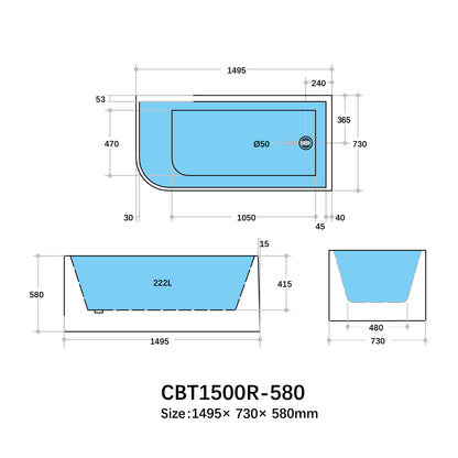 Casey Right Corner Bath 1300-1700mm(Height 510mm/580mm)
