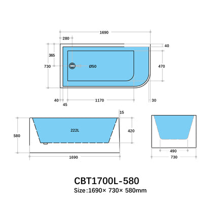 Casey Left Corner Bath 1300-1700mm(Height 510mm/580mm)