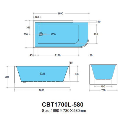 Casey Left Corner Bath 1300-1700mm(Height 510mm/580mm)