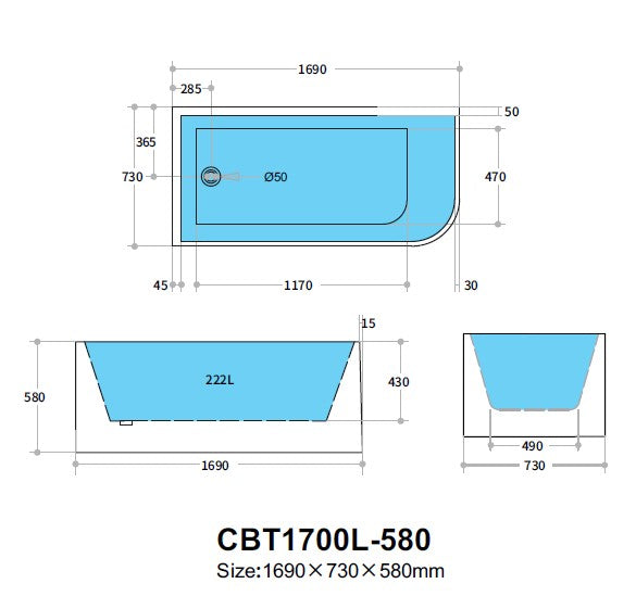 Casey Left Corner Bath 1300-1700mm(Height 510mm/580mm)