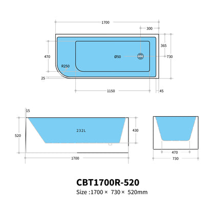 Casey Left/Right Corner Bath - Gloss White, Non-Overflow, Multiple Sizes(Height 520mm)