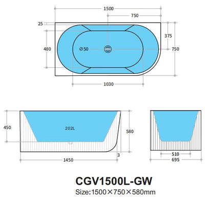 Rondelle Fluted Corner Bathtub 1500/1700mm
