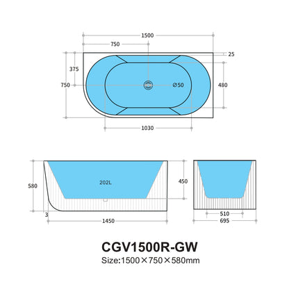 1500/1700mm Corner Fluted Bathtub Capri CGV1500R
