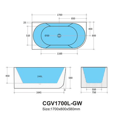 Capri Left Corner Fluted Bathtub CGV1700L