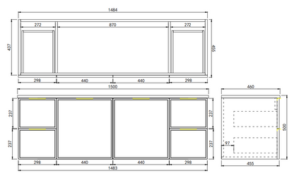 Vivid Pulse Wall Hung PVC Cabinet with Soft closing Soft closing Central door and Side Drawers 1490*455*480mm HCM1521W-MB/MW/MG