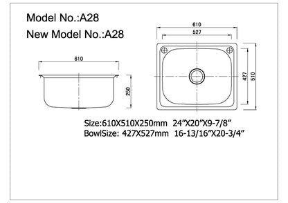 Stainless Drop in Laundry Tub 390-610mm DIL390 /DIL455 /DIL600