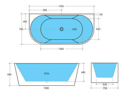 Harmira Back to Wall Bathtub 1400/1500/1700mm