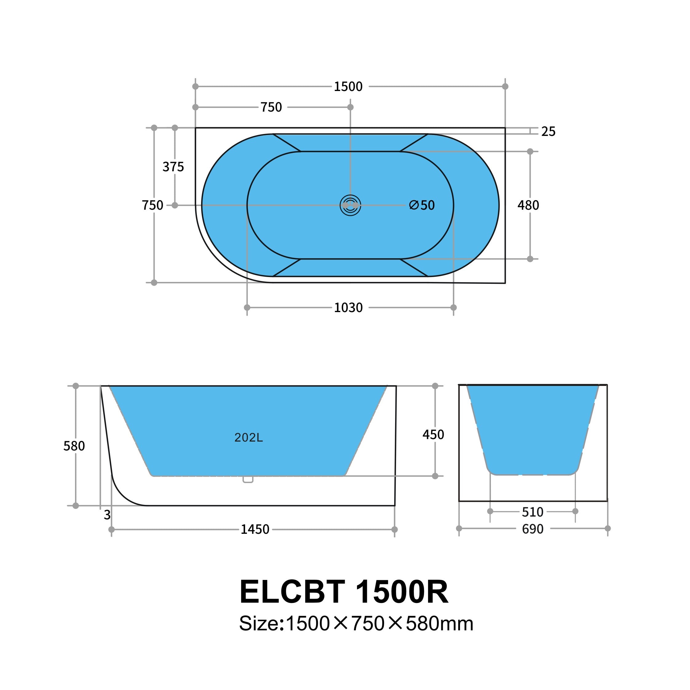 Elora Oval Freestanding Right Corner Bath 1500-1700mm