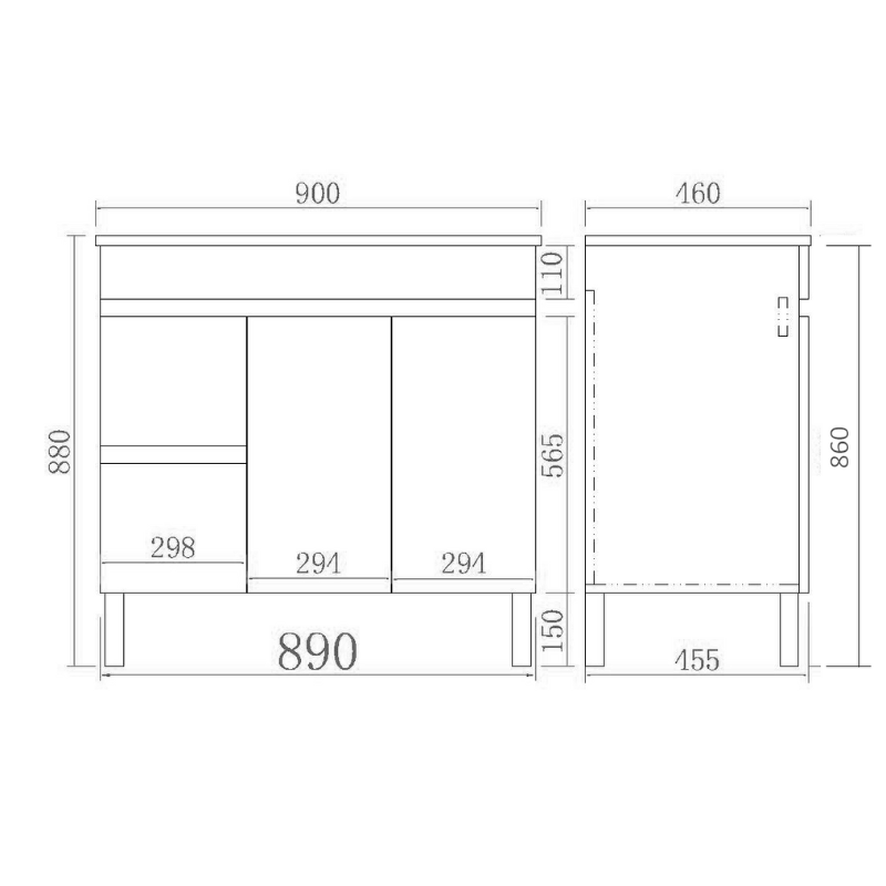 Slim Wall-Mounted Vanity (PVC)  450/600/750/900mm