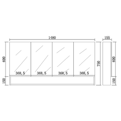Shaving Cabinet  Matte Black Finish 600–1480mm