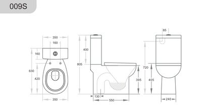 630*350*805mm Zion Closed Couple Toilet Suite Dual Flush LUX009S Trap Included