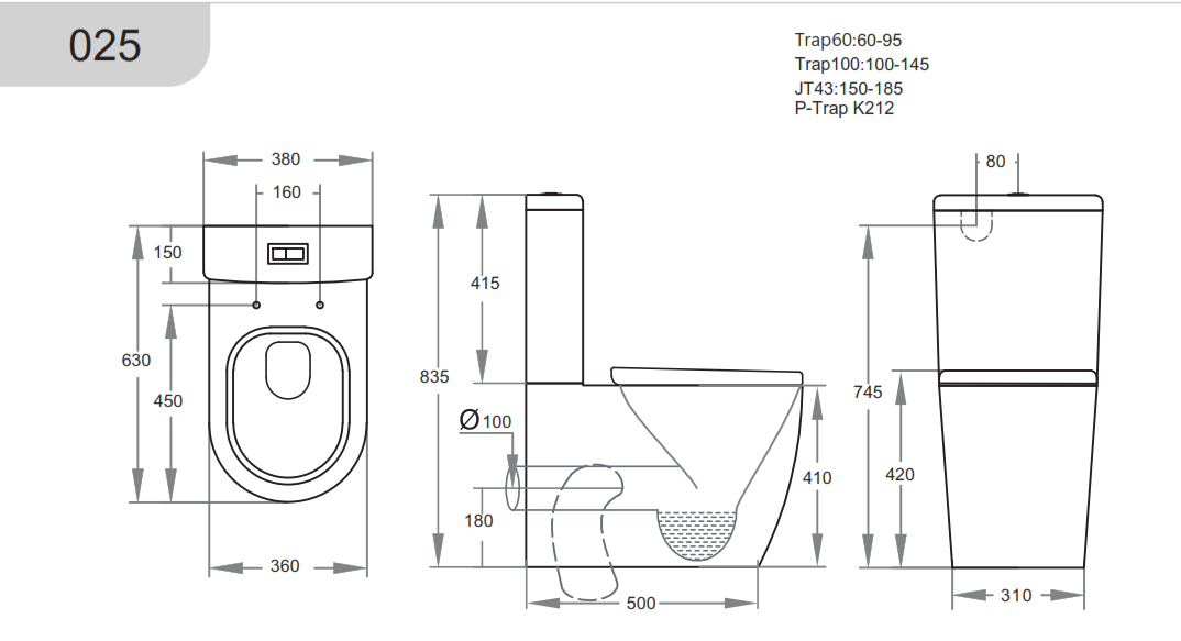 630*380*835mm Back to Wall Tornado Toilet Suite LUX025B Trap Included