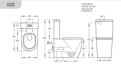 630*380*835mm Back to Wall Tornado Toilet Suite LUX025B Trap Included