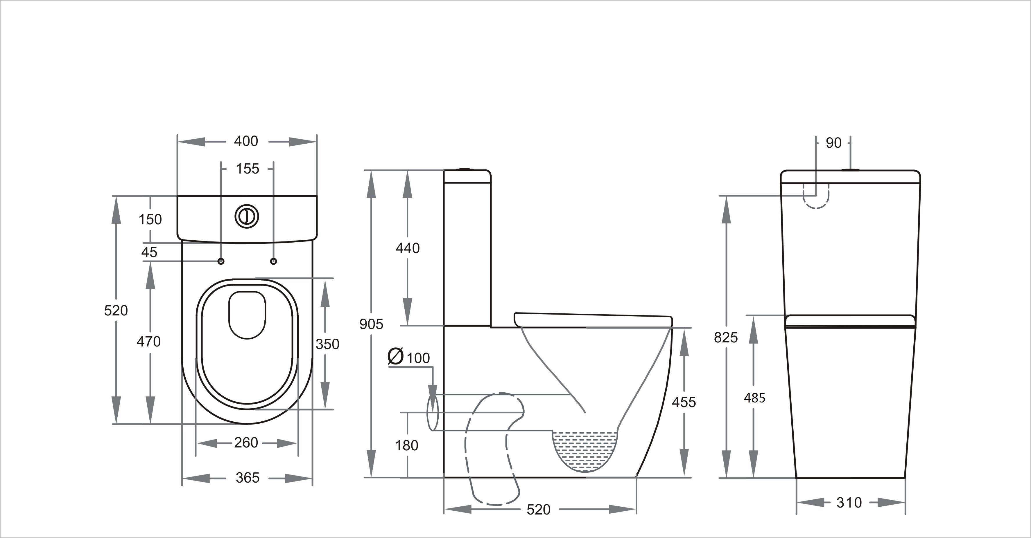 Elvera Box Rim Ambulant Toilet Suite Back/Left and Right Bottom 660*400*905mm