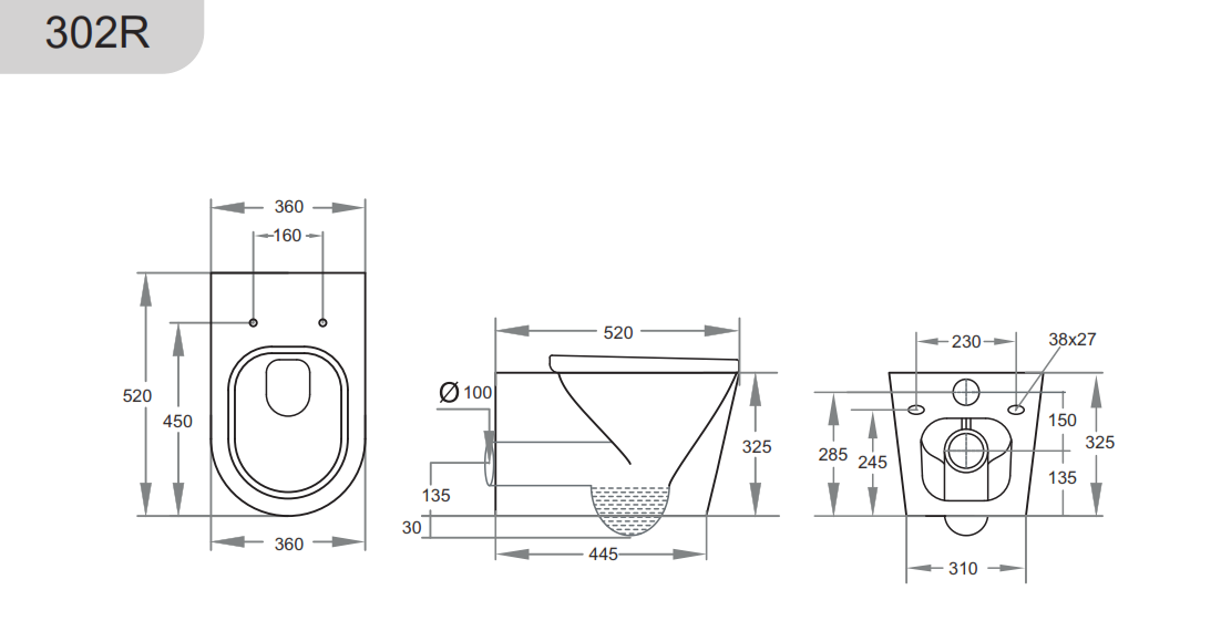 520*360*325mm Rimless Wall Hung Pan LUX302R Trap Included