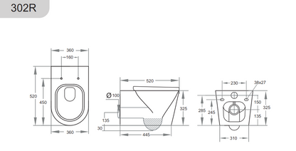 520*360*325mm Rimless Wall Hung Pan LUX302R Trap Included
