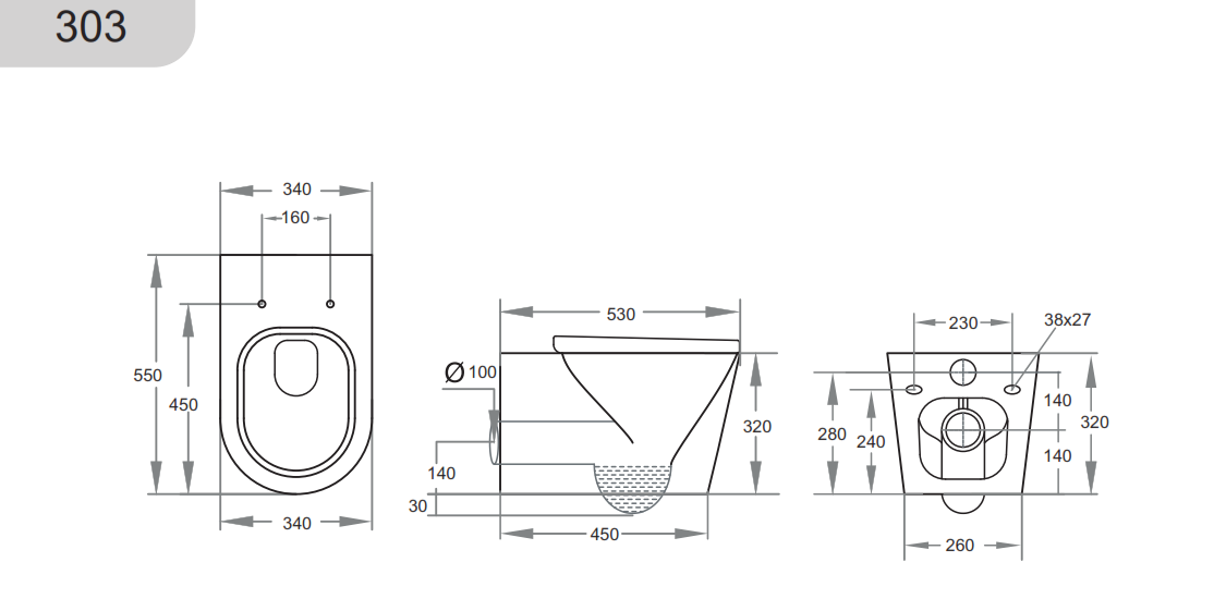 550*345*320mm Qubist Box Rim Wall Hung Pan LUX303/LUX303-B