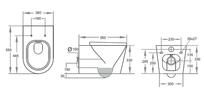 550*360*330mm Veda Rimless Wall Hung Pan LUX305R Trap Included
