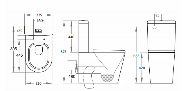 605*380*870mm Back to Wall Avis Compact Rimless Toilet Suite LUX600 Trap Included