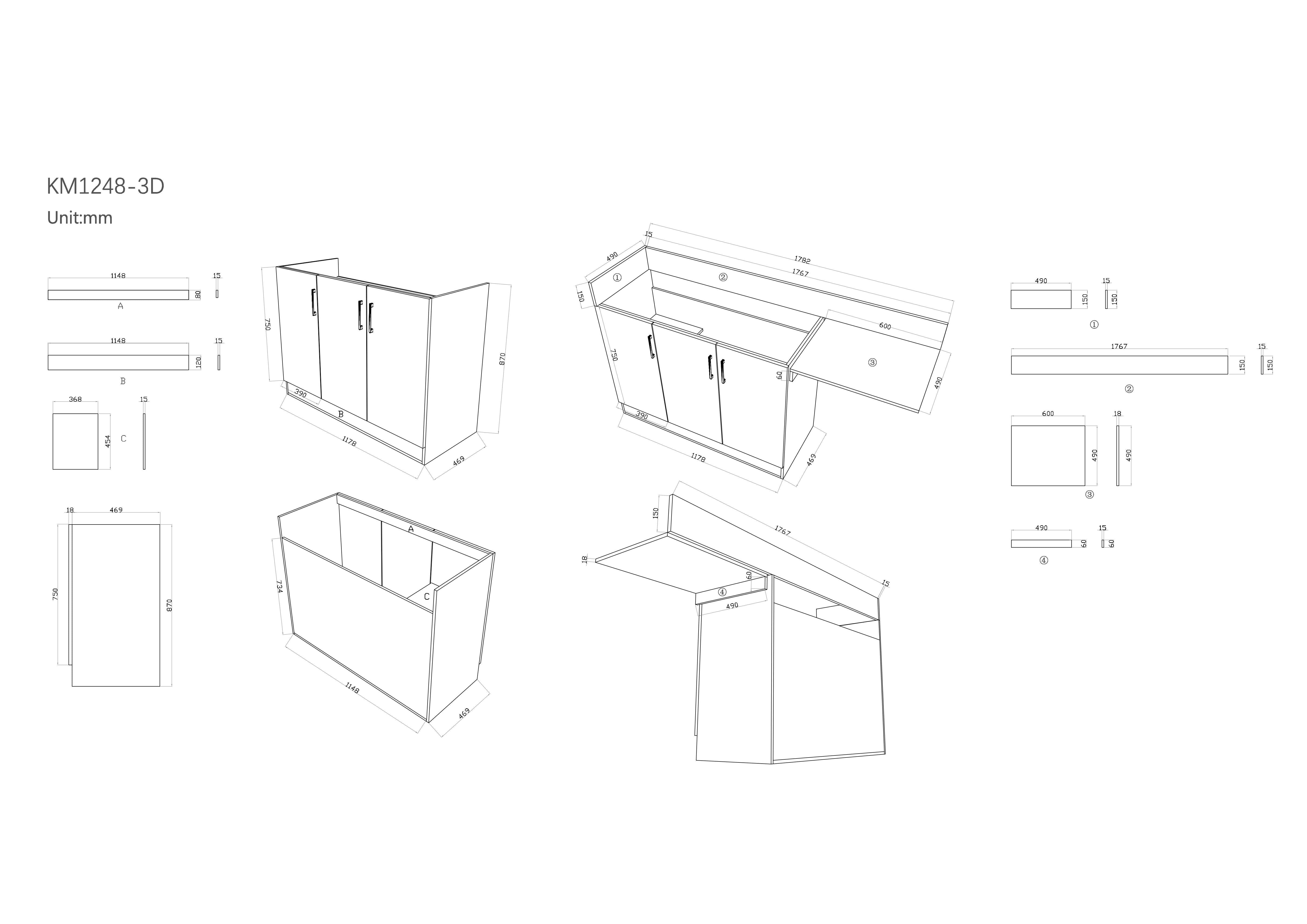 PVC Kitchenette Cabinet (KM1248-Cab) with Stainless Steel Sink (DH446D) 1180*485*900mm