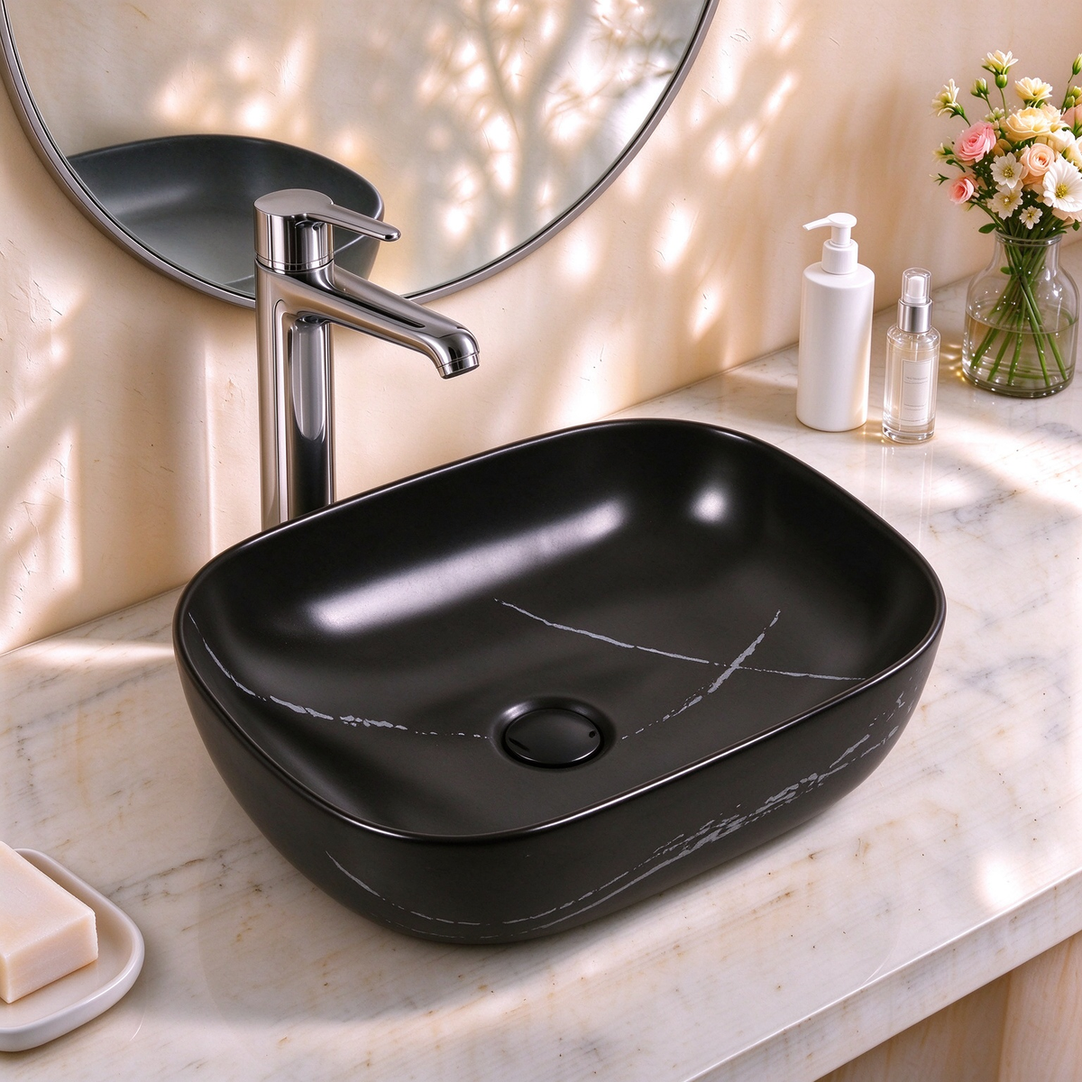 Rectangular Premium Ceramic Marble Above-Counter Basin 455*320*165mm