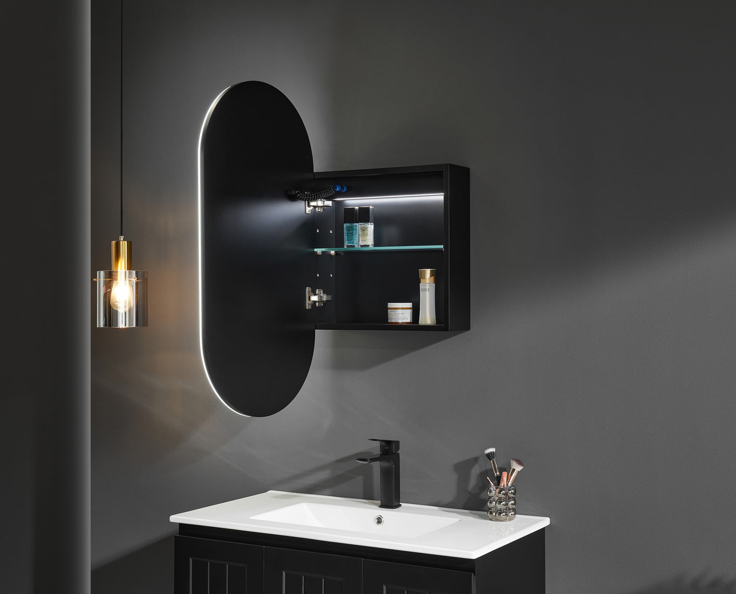 Olivia LED Frontlit Mirror Oval Shaving Cabinet 450x900x155mm OPLSV4590MB/MW-LED
