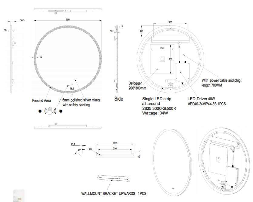 Round Beveled Edge Mirror LED 600/700/800mm